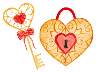 Watercolor golden heart lock and key with bow isolated on white background. For various products, valentine's day etc.
