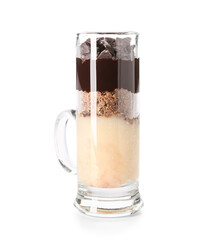 Shot of delicious pudding with chocolate isolated on white background