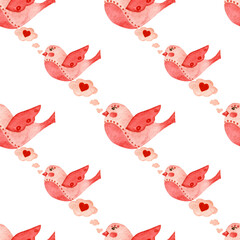 Watercolor pattern, cute birds, clouds with hearts on a white background. Pattern for valentine products, wrapping etc.