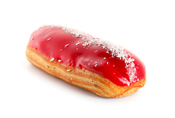 Delicious glazed eclair with coconut shavings isolated on white background