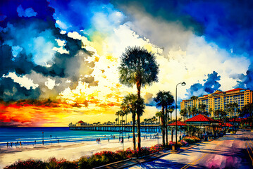 Clearwater, Florida, watercolor painting. Generative AI - obrazy, fototapety, plakaty
