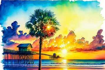 Clearwater, Florida, watercolor painting. Generative AI