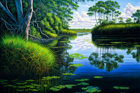 Florida wetlands, painting. Generative AI