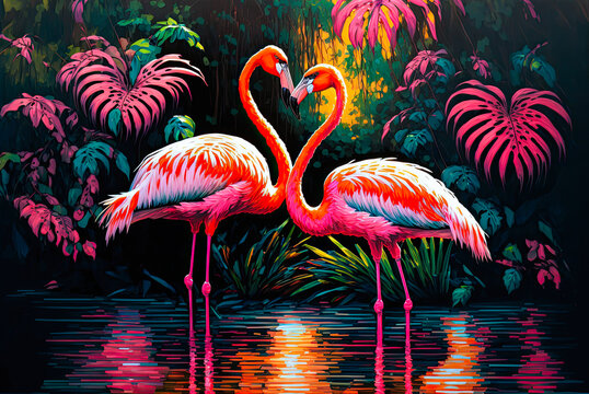 Pair of flamingos, painting. Generative AI