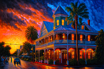 Fototapeta na wymiar Key West, Florida, sunset, street, painting. Generative AI