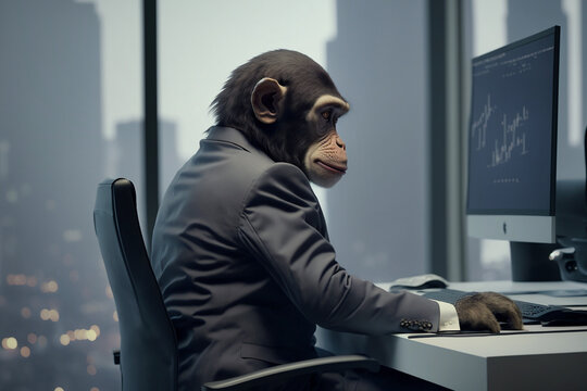 Affe im Business- Anzug, sitzt im Büro vor dem Computer. Das Büro hat eine fantastische Aussicht auf eine Großstadt.