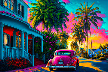 Fototapeta na wymiar Miami, Florida, classic car, painting. Generative AI