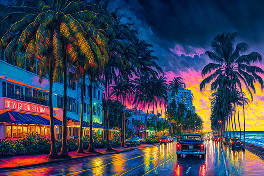 Miami, Florida, city, night, painting. Generative AI