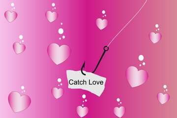 Vector illustration of a fish hook with a bunch of hearts surrounding it, love is all around us, catch love