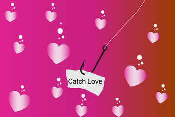 Vector illustration of a fish hook with a bunch of hearts surrounding it, love is all around us, catch love