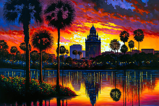 Orlando, Florida, sunset, painting. Generative AI