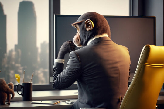 Affe im Business- Anzug, sitzt im B&uuml;ro vor dem Computer. Das B&uuml;ro hat eine fantastische Aussicht auf eine Gro&szlig;stadt.