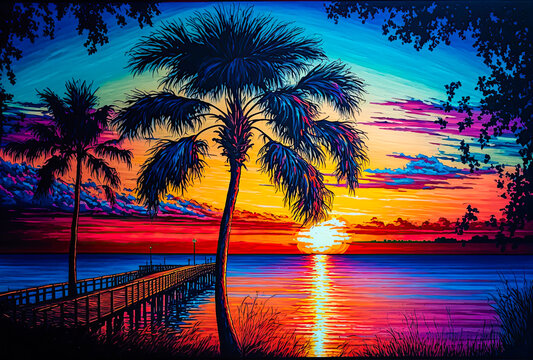 Tampa Bay, Florida, Sunset, Painting. Generative AI