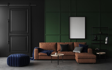 3d rendering of modern living room with leather brown sofa, coffee table, black barn door, decorative pillows. Decorative green panel. Empty white frame for art on wall. Frame mockup. 3d rendering