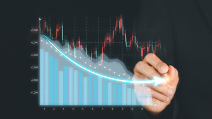 Cost reduction business finance concept, Business woman hand pointing graph cost reduction on...