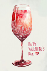 Watercolor pink Champagne wine glass, card design for Valentine's day.