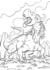 Adult coloring book page with beautiful dragon on white background