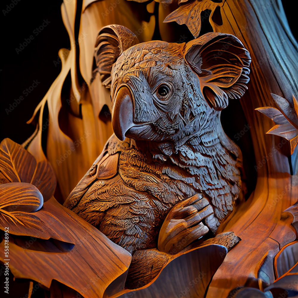 Poster Koala bear carved in Eucalyptus