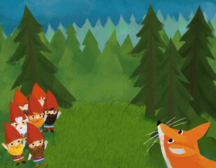 cartoon animals and dwarfs in the forest illustration