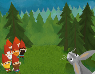 Obraz na płótnie Canvas cartoon animals and dwarfs in the forest illustration