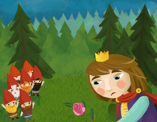 cartoon prince in the forest near some dwarfs illustration
