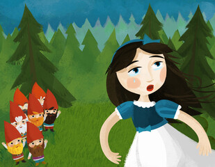 cartoon princess in forest near some dwarfs illustration © honeyflavour