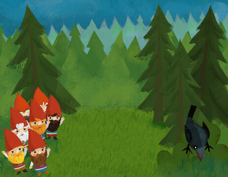 cartoon animals and dwarfs in the forest illustration