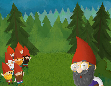 cartoon scene with dwarfs in the forest illustration
