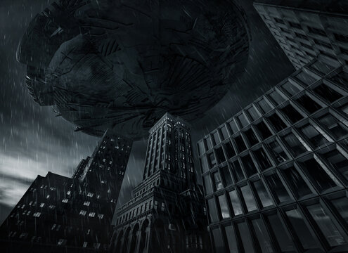 UFO flying over city, 3D illustration