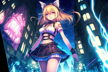 A cute anime girl with bunny ears in a bright and colorful fantasy city at night, wearing a skirt and a bra, kawaii, generative ai - obrazy, fototapety, plakaty