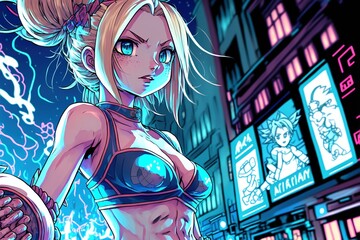 A cute anime girl standing in a bright and colorful neon light city at night, wearing a bra and surrounded by blue signs, generative ai