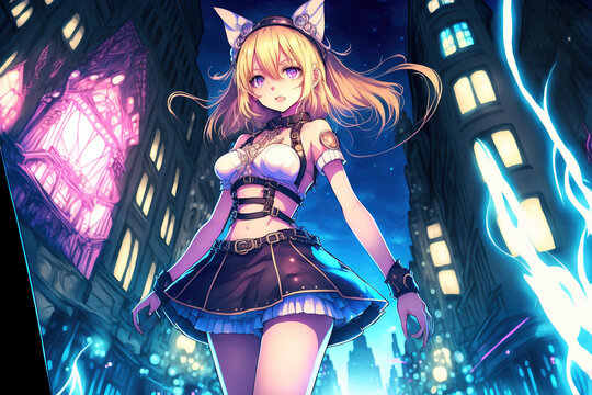 A cute anime girl with bunny ears in a bright and colorful fantasy city at night, wearing a skirt and a bra, kawaii, generative ai