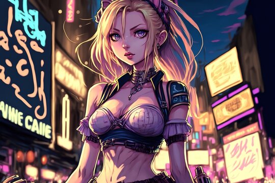 A beautiful anime girl in a bra standing in a bright neon light city at night, generative ai