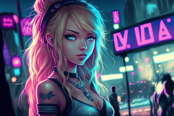 A beautiful anime girl stands in a futuristic, cyberpunk neon city at night, generative ai