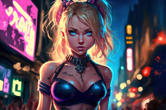 A sexy anime girl standing in a bright, Tokyo style cyberpunk neon city at night, wearing a bra, generative ai