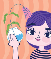 cute girl and flower in vase