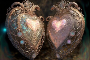 Glassy Radiant Art Nouveau Style Holographic Hearts, Ai Generated Image of Two Hearts of Soulmates Coming Together