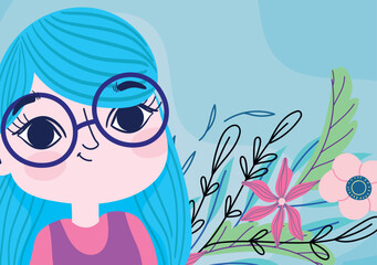 cartoon girl and flowers