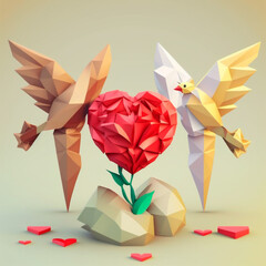 Corazón y flores low poly - Día de San Valentín