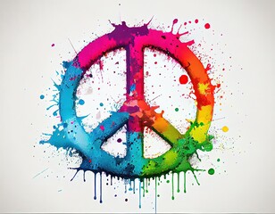very colourful peace symbol on white background with plenty of paint splashes, generative ai