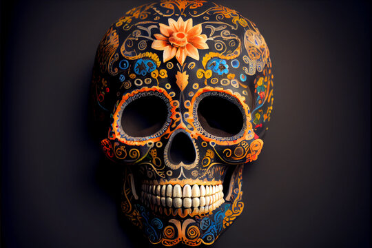 Mexicans sugar skull isolated on black background. Generative AI imaginary illustration