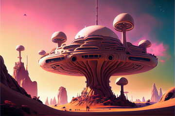 Fototapeta na wymiar Magic mushroom fantasy alien ship on strange planet. Generative AI illustration