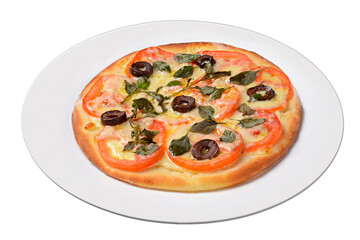 Pizza. Small  margherita pizza on white plate isolated on transparent background