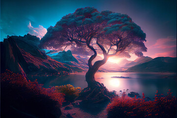 Beautiful fantasy tree with mountain and lake while sunset. Generative AI illustration