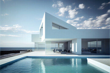 Fototapeta na wymiar Beautiful residential villa. Modern architecture with swimming pool, a tree and sea view. Generative AI illustration