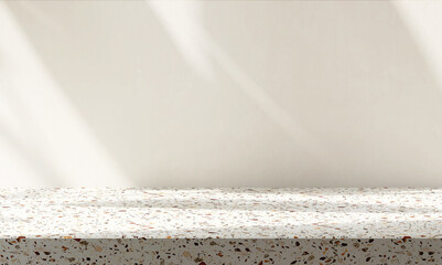 3D Modern, minimal empty terrazzo table, counter top in sunlight, leaf shadow on cream white wall...