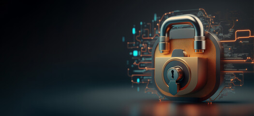 Cybersecurity padlock protection with copy space, future technology data protection background
