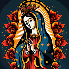 Caricature of the virgin of guadalupe, flat design - obrazy, fototapety, plakaty