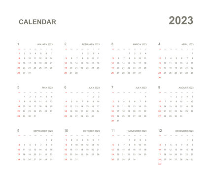 2023 Calendar year vector illustration. The week starts on Sunday. Annual calendar 2023 template. Vector illustration.
