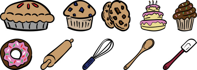 Baked goods and other bakey items hand drawn vectors for delicious and welcoming web and print designs.
